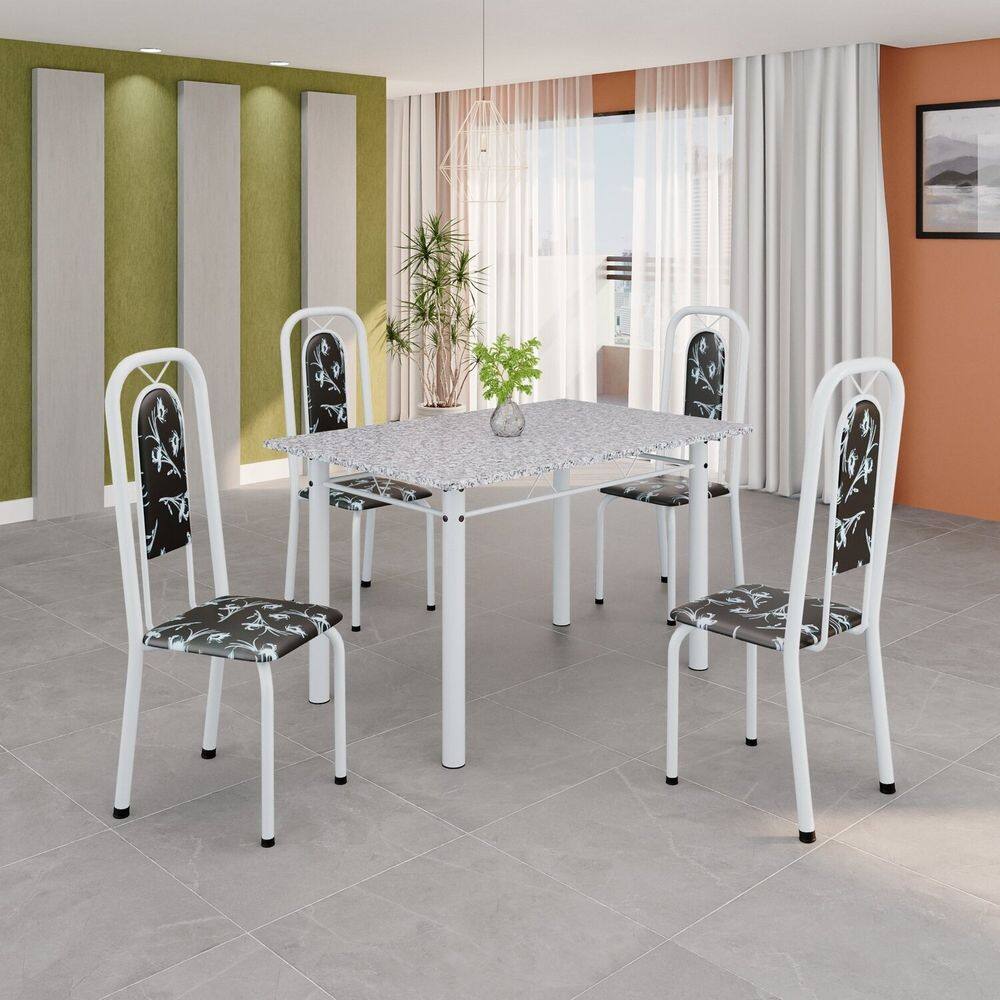 Conjunto de Mesa Tubular 120cm X 75cm Tampo Granito Ocre com 4 Cadeiras Lara Floral Preto / Branco