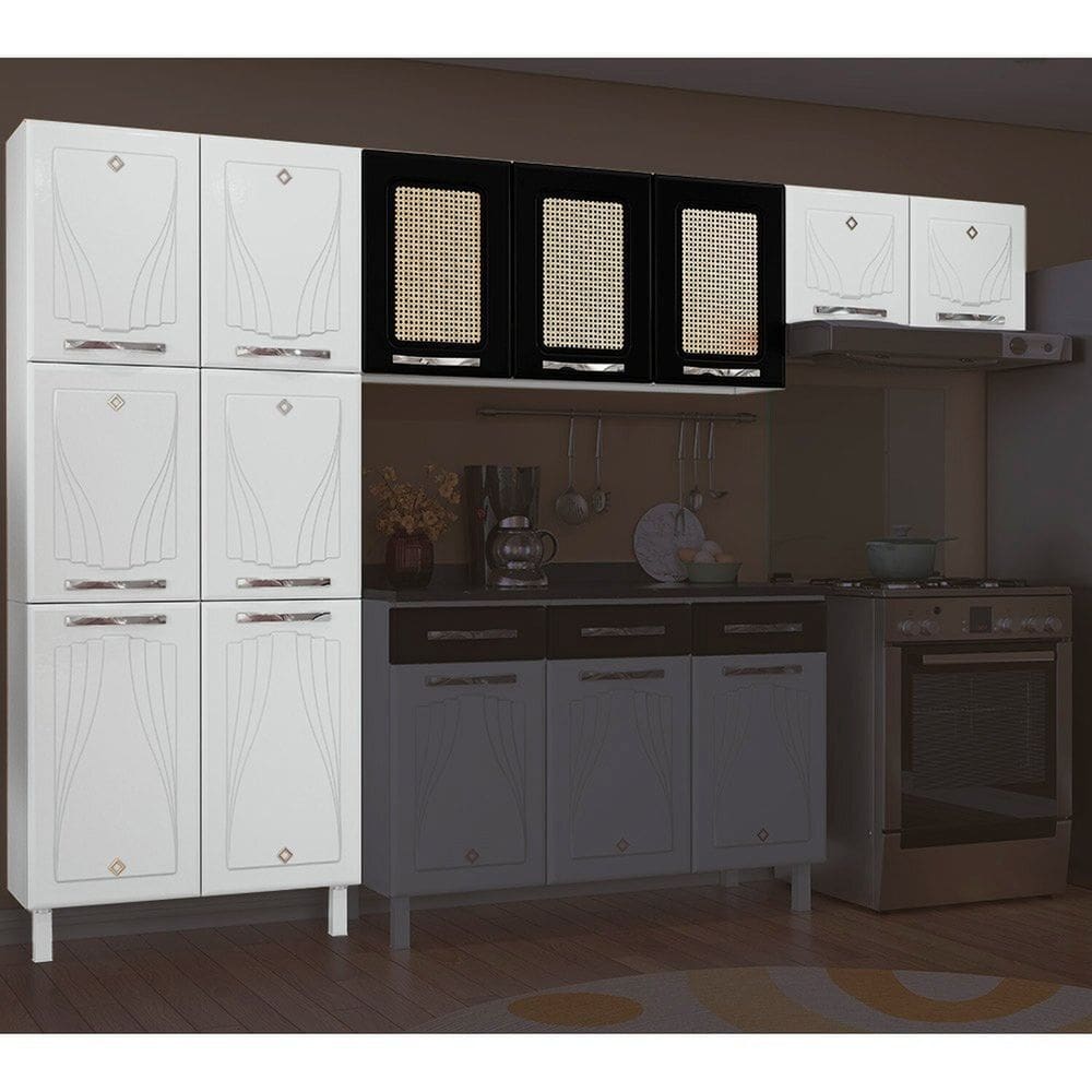 Armário de Cozinha de Aço Star 3 Peças Com Palha - Preto Branco com Preto