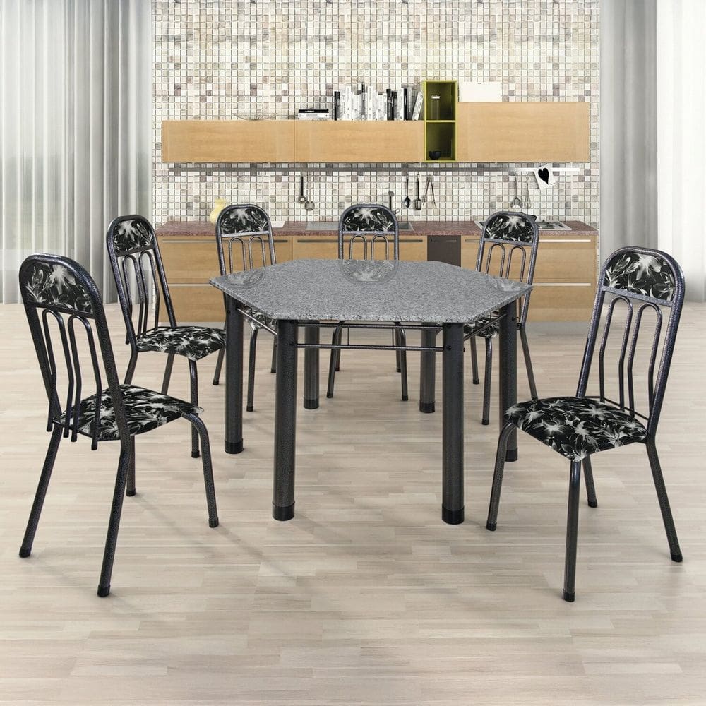 Conjunto Sala de Jantar Mesa Sextavada Paris Preto/ Prata/ Granito