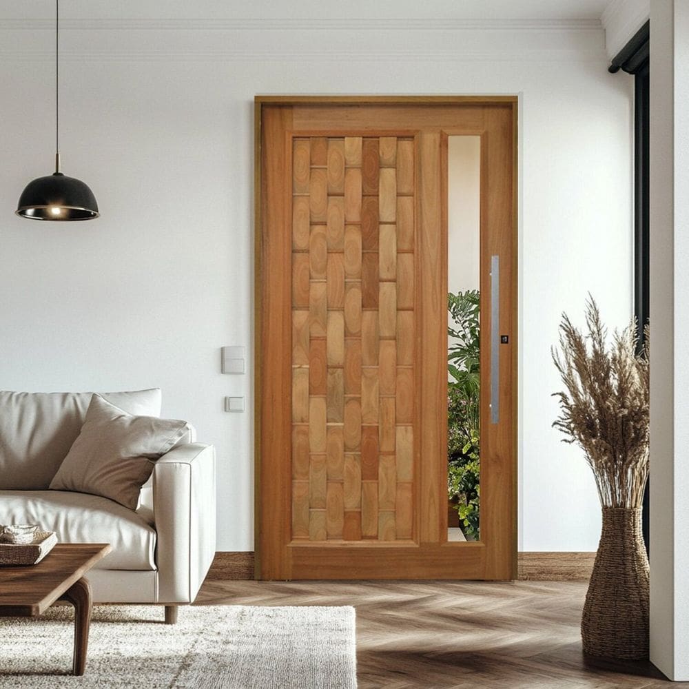 Porta Pivotante Couro em Pé com Visor Batente 14 Puxador Barra Chata 60 CM 120 X 210 Esquerdo Rodam