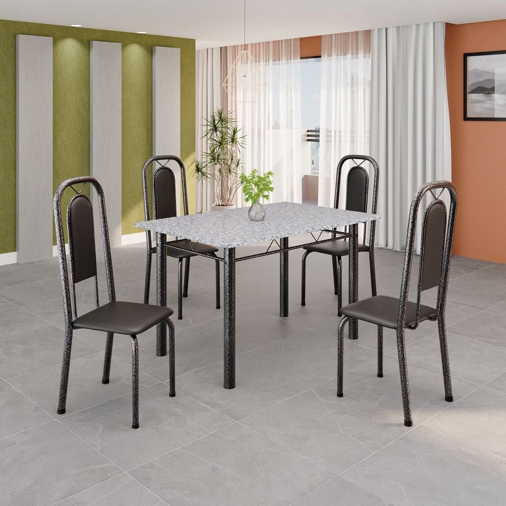 Conjunto de Mesa Tubular 120cm X 75cm Tampo Granito Ocre com 4 Cadeiras Lara Preto Liso / Mart Prata