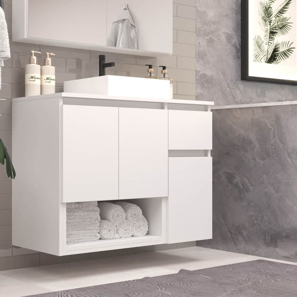 Gabinete Banheiro Suspenso 80cm Aurora com 03 Portas 01 Gaveta e Nicho com Cuba Branco