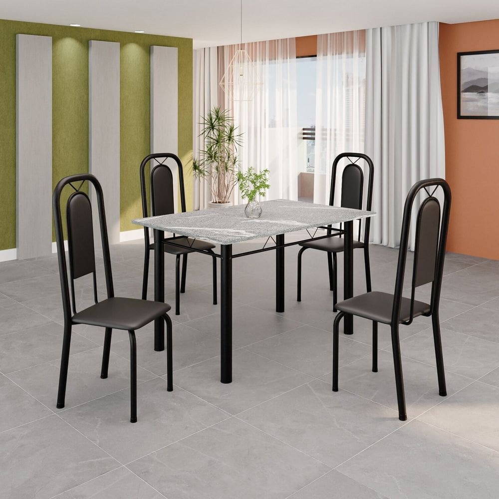 Conjunto de Mesa Tubular 120cm X 75cm Tampo Granito Topázio com 4 Cadeiras Lara Preto Liso