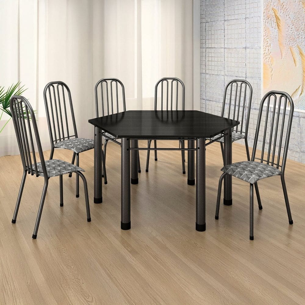 Conjunto Sala de Jantar Mesa com 6 Cadeiras Natal Branco/Preto/Prata Martelado