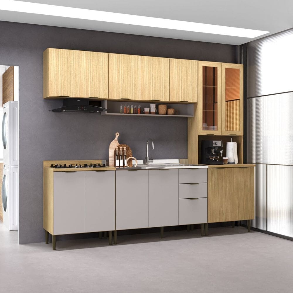 Cozinha Modulada 100% MDF 5 Peças 14 Portas 2 Gavetas Cristaleira 2 Balcão 2 Aéreo Ibiza Louro Freijó/Cinza
