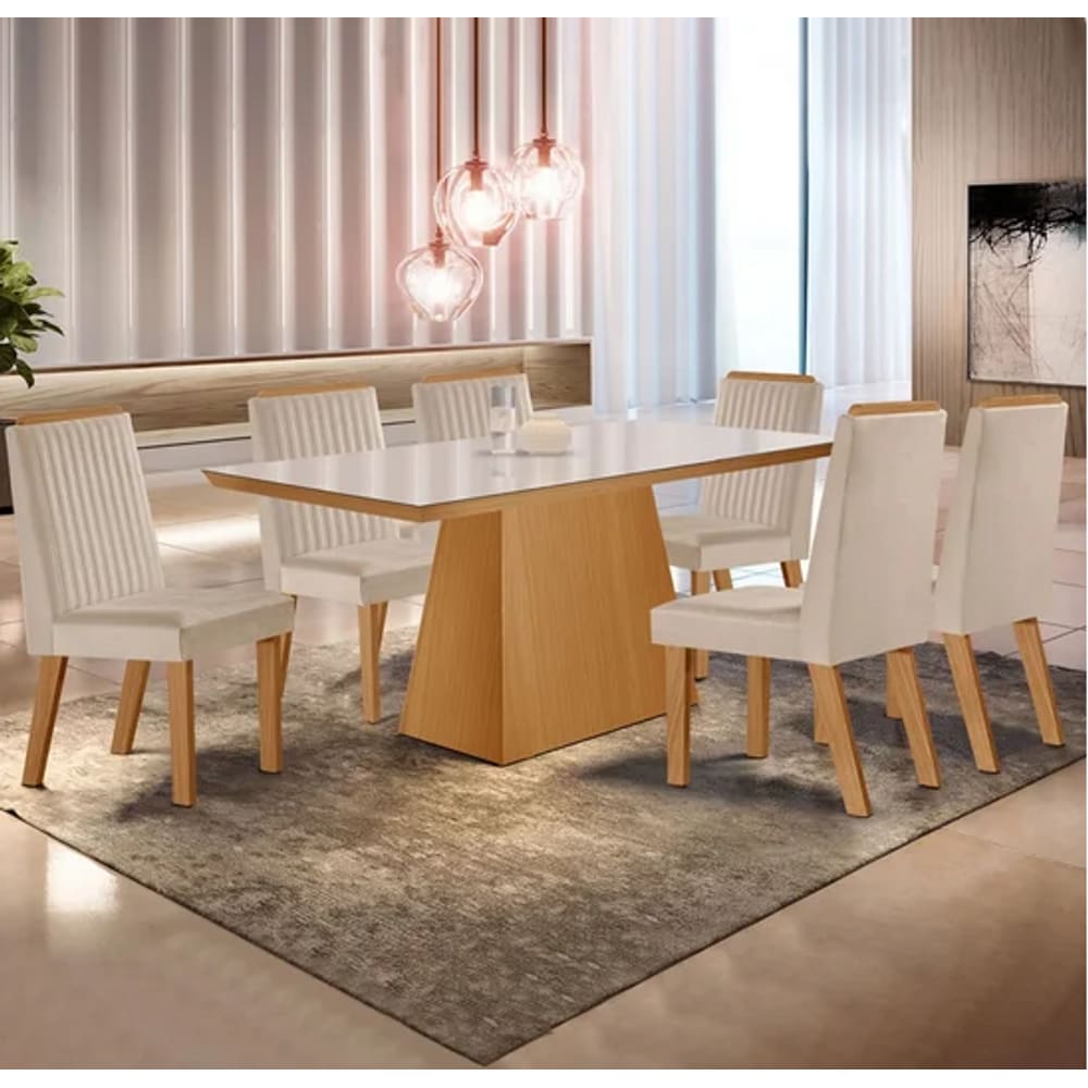 Mesa Prada 180x90 Com Vidro Tampo Preto 6 Cadeiras Riviera