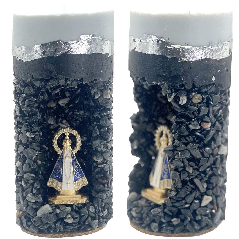 Vela Decorativa Com Pedras Pretas Com Imagem De Nossa Senhora Aparecida
