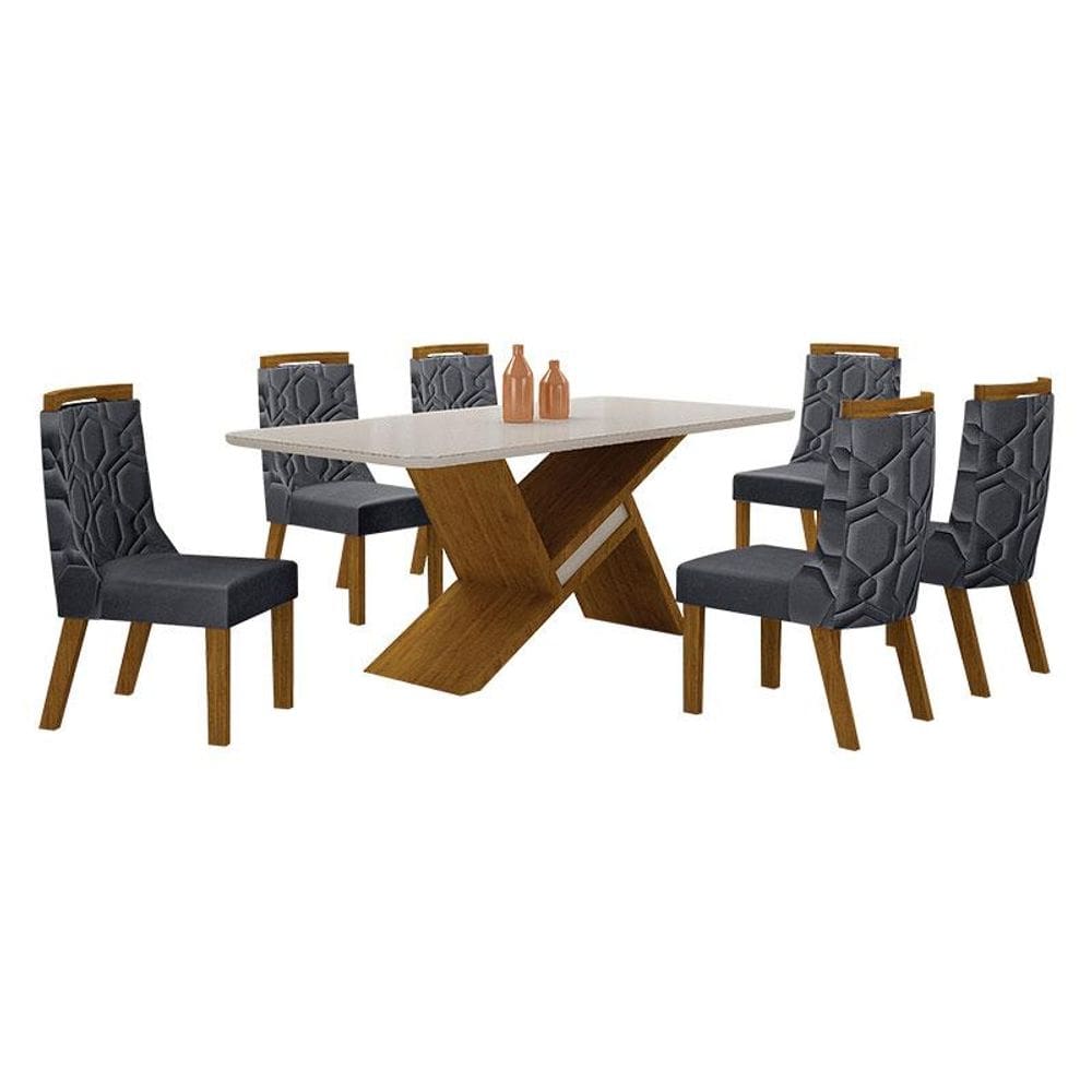 Mesa de Jantar Ágata 180x90 Freijó Off White com 6 Cadeiras MDF Freijó Joli Chumbo - Leifer Móveis