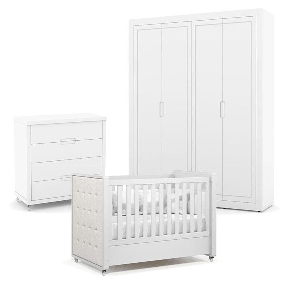Quarto de Bebe 4 Portas Tutto New com Capitonê New Boucle e Gaveteiro Branco Acetinado - Matic