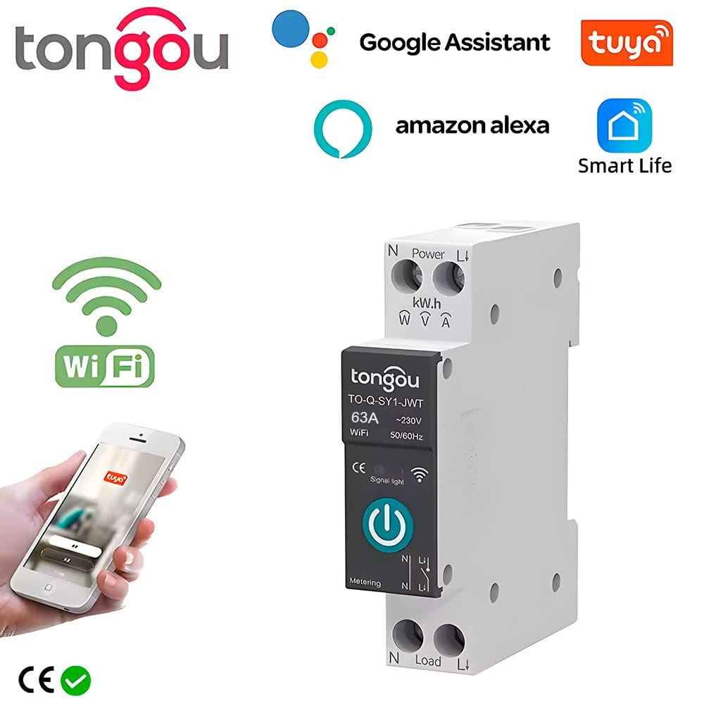 Disjuntor Inteligente Wi-Fi 63A, Compatível Com Google Assistant e Alexa, Tongou, Com Medição, Preto