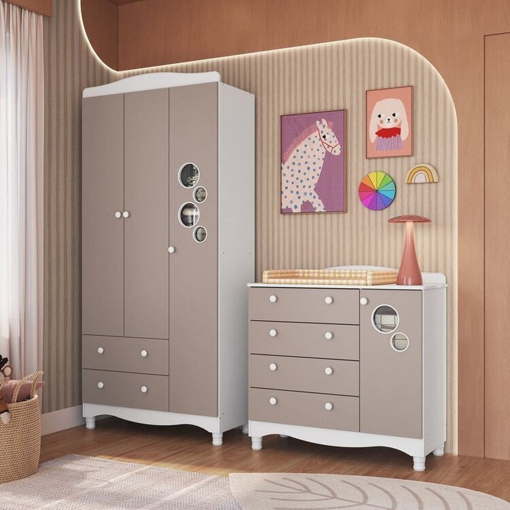 Conjunto para Quarto Infantil com Guarda-Roupa e Cômoda Trocador Encanto Branco/Cinnamon