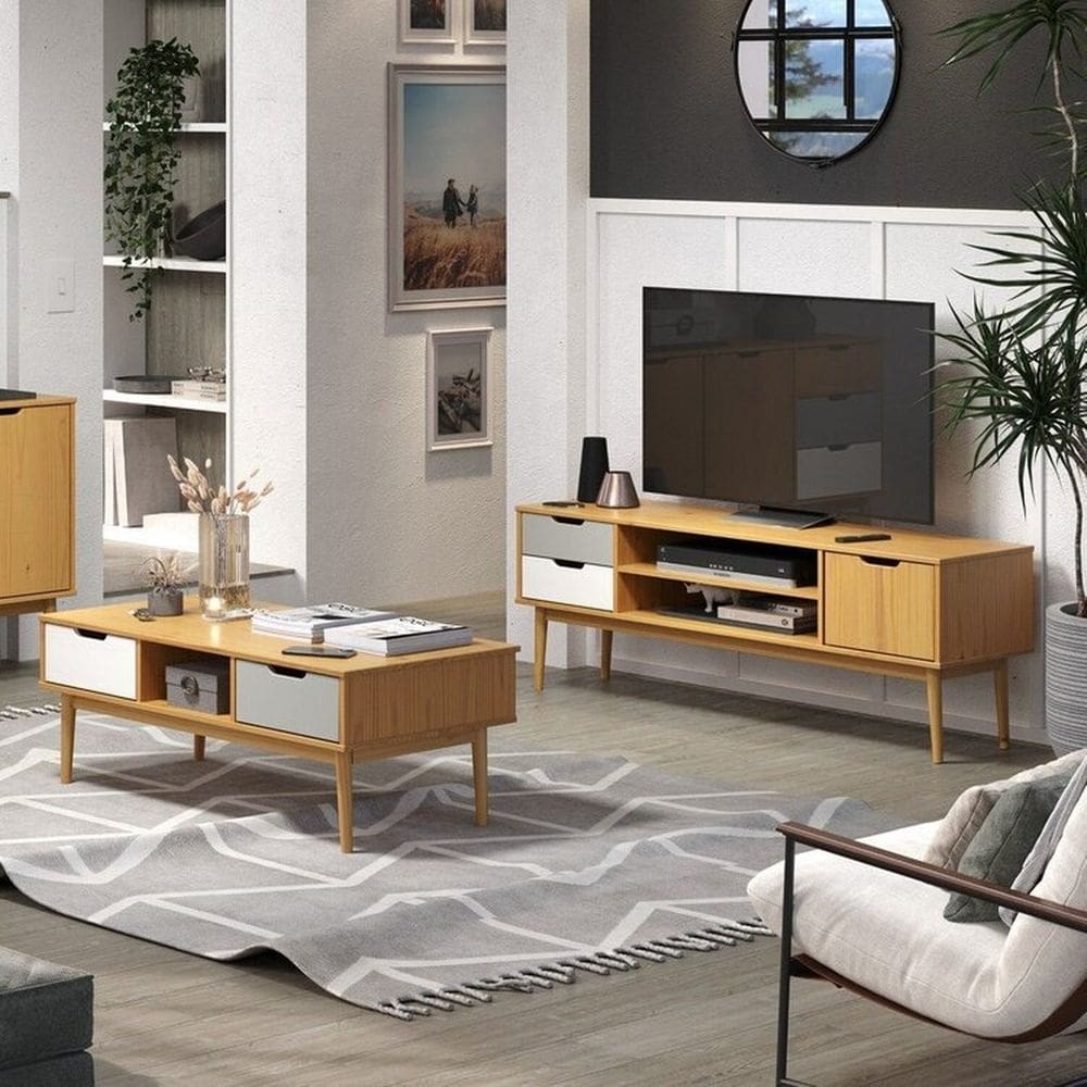 Conjunto Rack para TV até 55 Polegadas e Mesa de Centro em Madeira Maciça Nórdica Yescasa Roble/Cinza/Branco