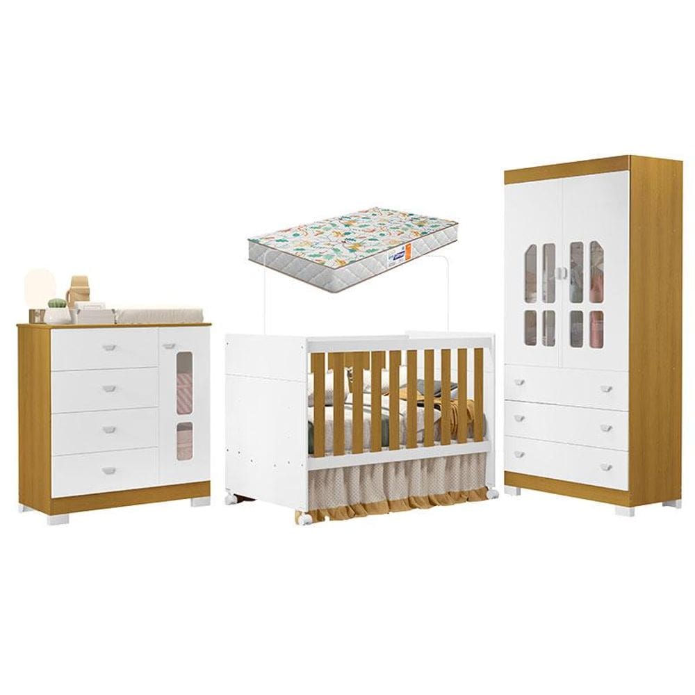 Quarto de Bebê New Katatau Branco Acetinado Savana com Colchão Gazin- Reller