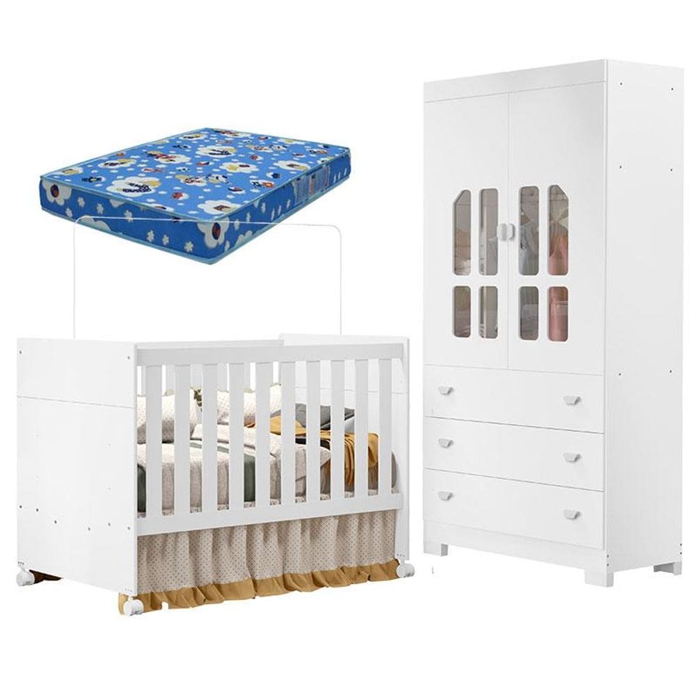 Berço Americano e Guarda Roupa Infantil Katatau Branco Acetinado com Colchão Ortobom - Reller