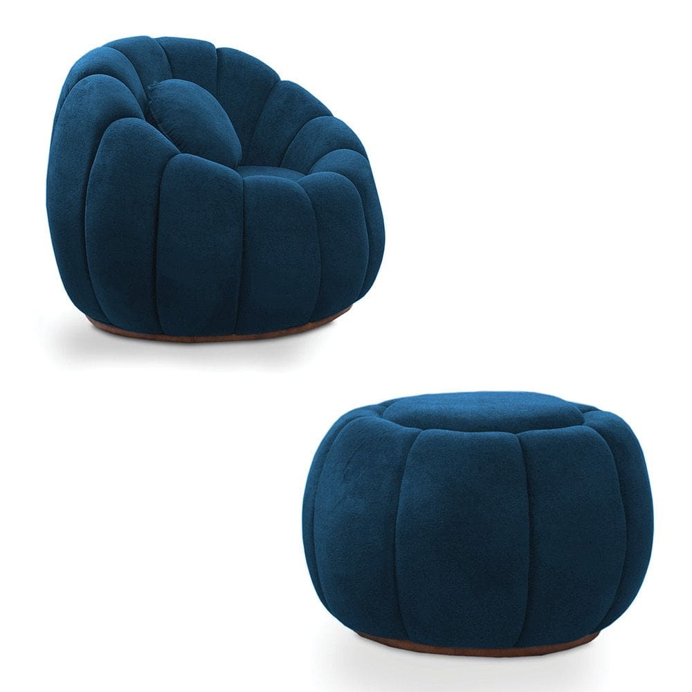 Poltrona Decorativa Orgânica Giratória com Puff Cloud Bouclê Azul Marinho E03 - D`Rossi