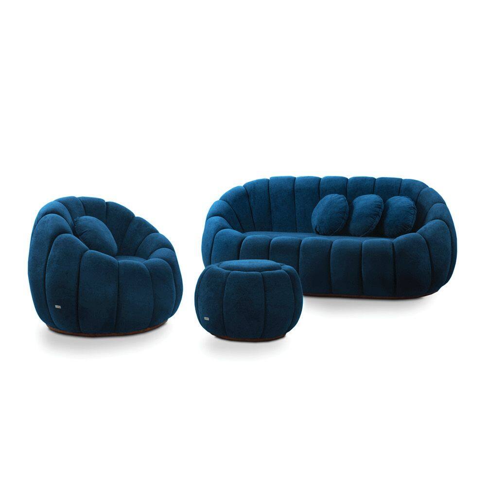 Sofá 2 Lugares com Puff e Poltrona Giratória Orgânica Cloud Bouclê Azul Marinho