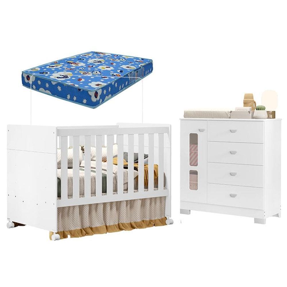 Berço Americano e Cômoda Infantil Katatau Branco Acetinado com Colchão Ortobom - Reller