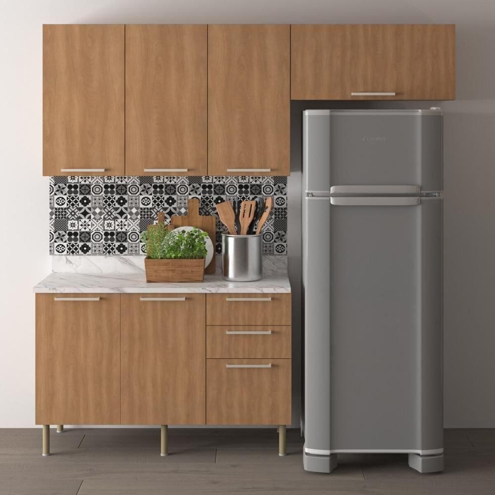 Cozinha Compacta 3 Peças Com Armários E Balcão Com Tampo Multimóveis Cr20449 Freijó Mármore Branco