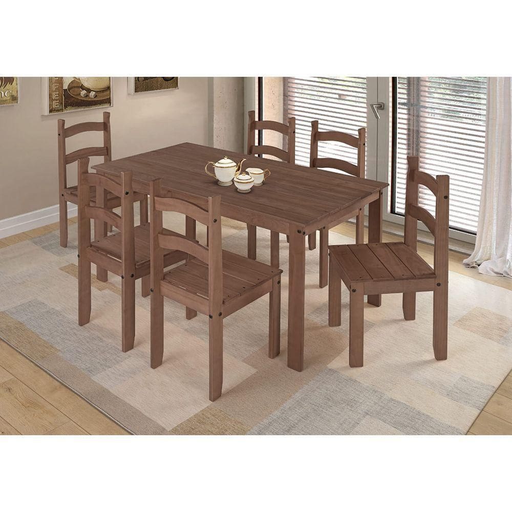Conjunto Mesa Retangular E 6 Cadeiras De Madeira Maciça Chocolate