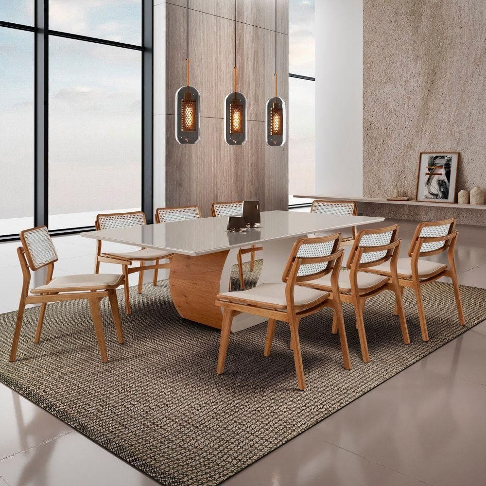 Sala De Jantar Mesa Ellis Com 8 Cadeiras Eva Premium Linho Off White Imbuia Nat