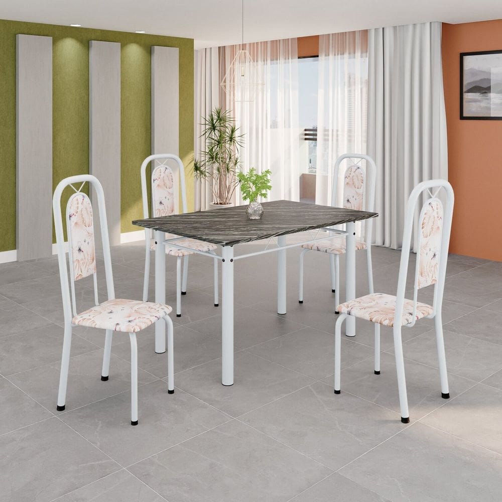 Conjunto de Mesa Tubular 120cm X 75cm Tampo Ardósia Indiano com 4 Cadeiras Lara Botanic Bege / Branco