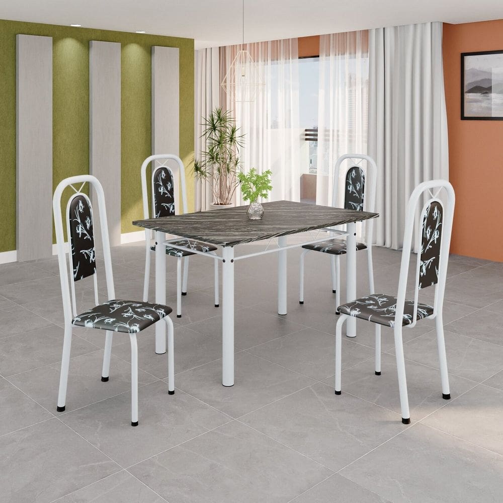 Conjunto de Mesa Tubular 120cm X 75cm Tampo Ardósia Indiano com 4 Cadeiras Lara Floral Preto / Branco