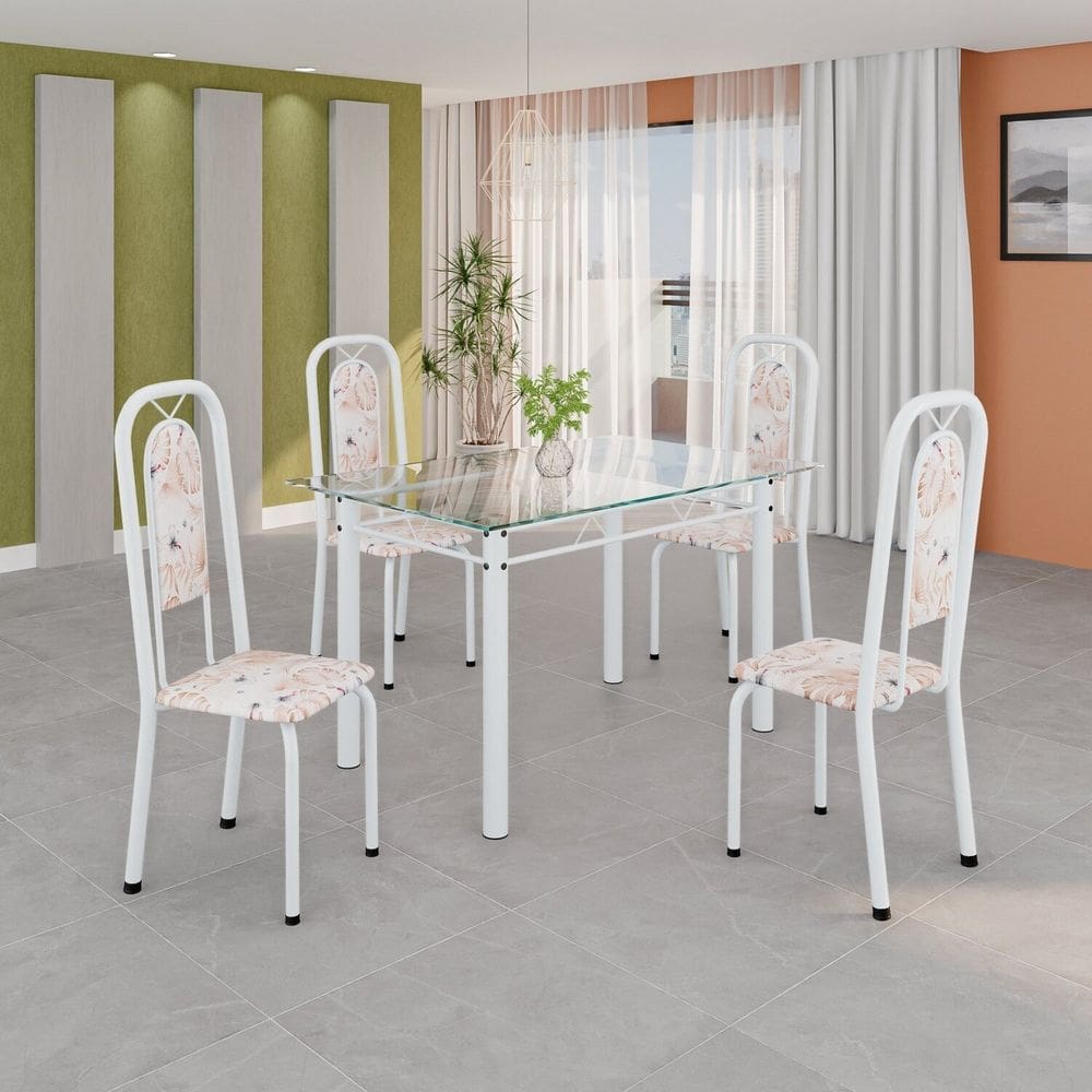 Conjunto de Mesa Tubular com 4 Cadeiras Lara Bege / Branco