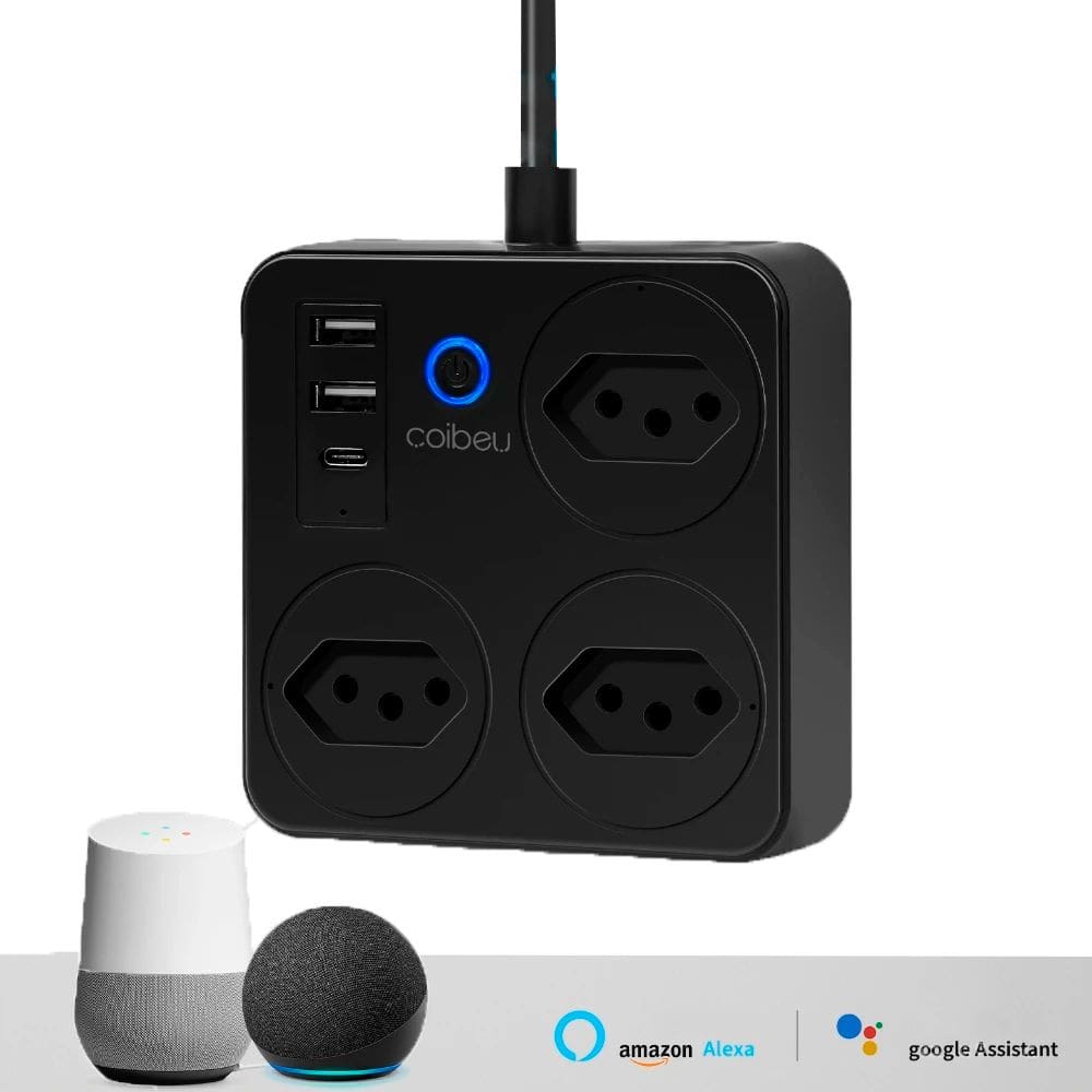Extensão Inteligente, 3 Tomadas, 2 Entradas USB, 1 Entrada USB-C, Controle Por Voz, Compatível Alexa, Bivolt, Preto