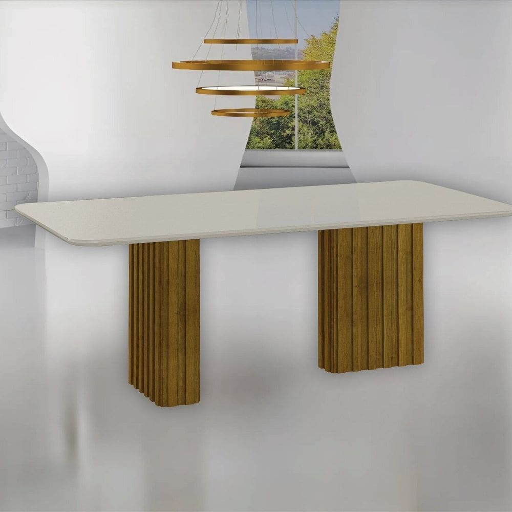 Mesa para Sala de Jantar com Tampo em Vidro 180cm Freijó/Off White