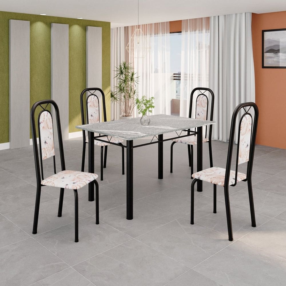 Conjunto para Sala de Jantar com 1 Mesa Granito e 4 Cadeiras Lara Bege / Preto