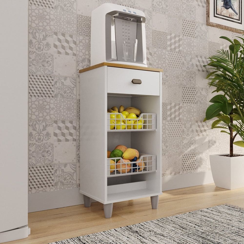 Fruteira 2 Cestos 1 Gaveta Aurora 79cm x 36cm x 33cm Branco Acetinado / Cinamomo