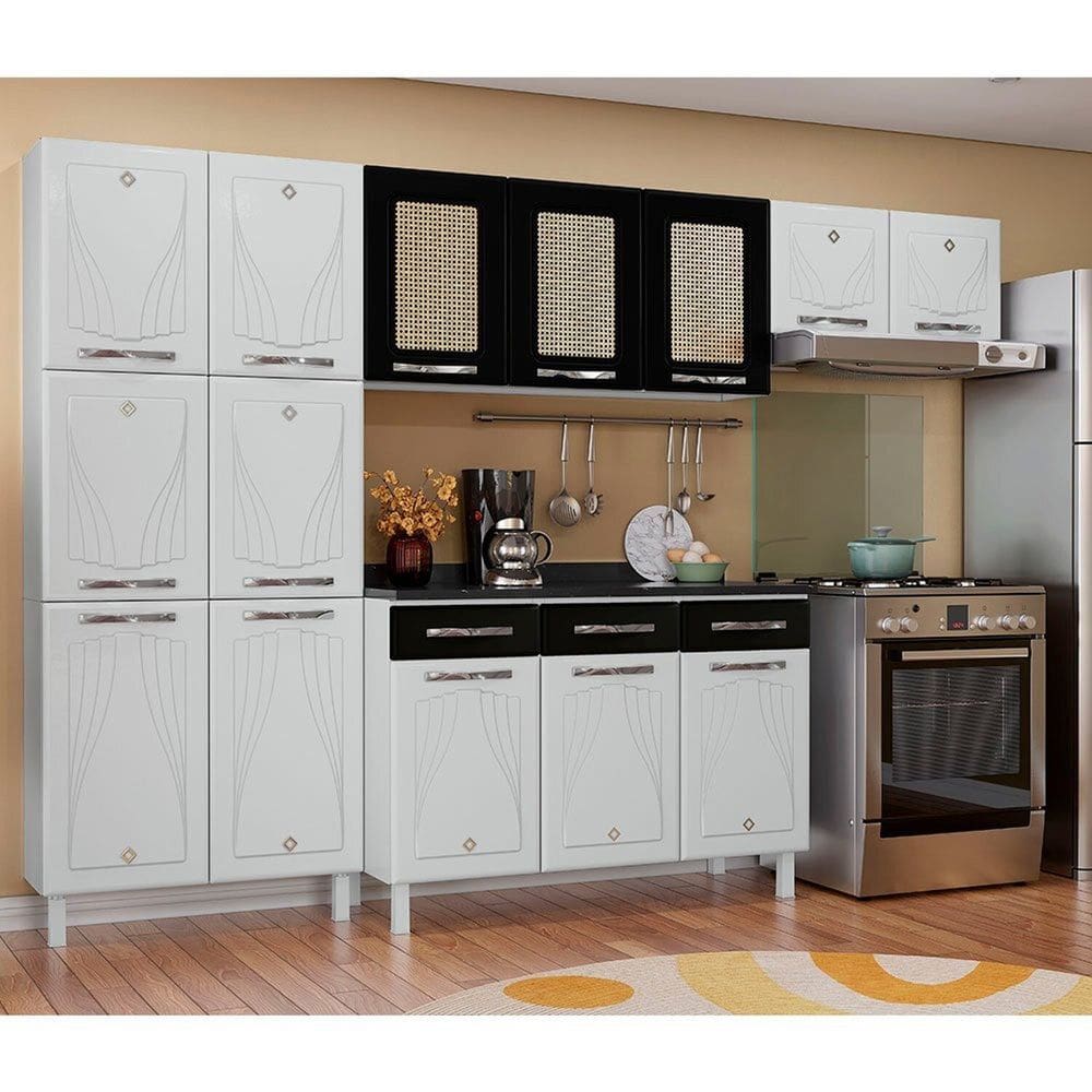 Armário de Cozinha de Aço 4 Peças Com Balcão Star Branco com Preto