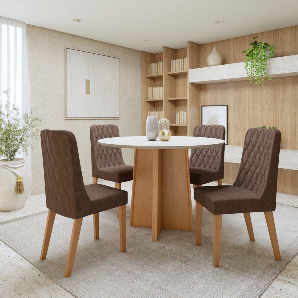 Conjunto de Mesa com 4 Cadeiras Tampo Redondo em MDF Luar Amêndoa Clean/Off White/Avelâ