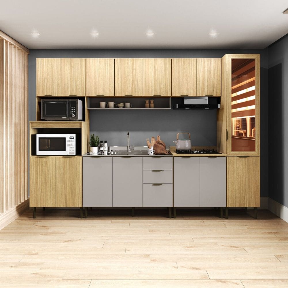 Cozinha Modulada 100% MDF 6 Peças 16 Portas 2 Gavetas 2 Balcão 2 Aéreo Paneleiro Ibiza Louro Freijó/Cinza