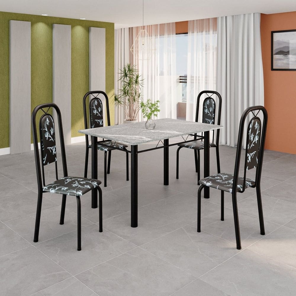 Conjunto de Sala de Jantar com 1 Mesa Granito e 4 Cadeiras Lara Preto / Cinza