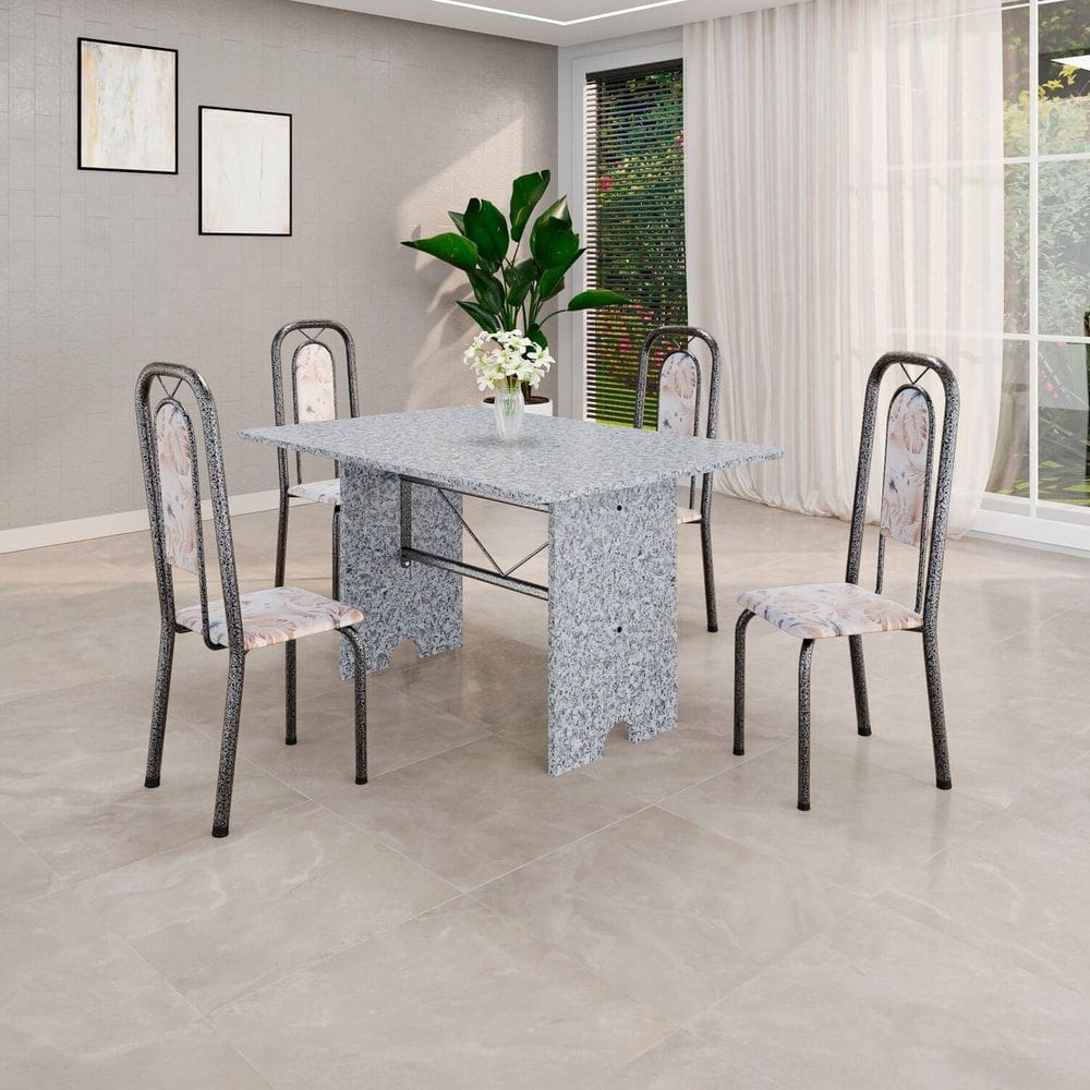 Conjunto de Mesa Tubular com 4 Cadeiras Lara Bege / Prata