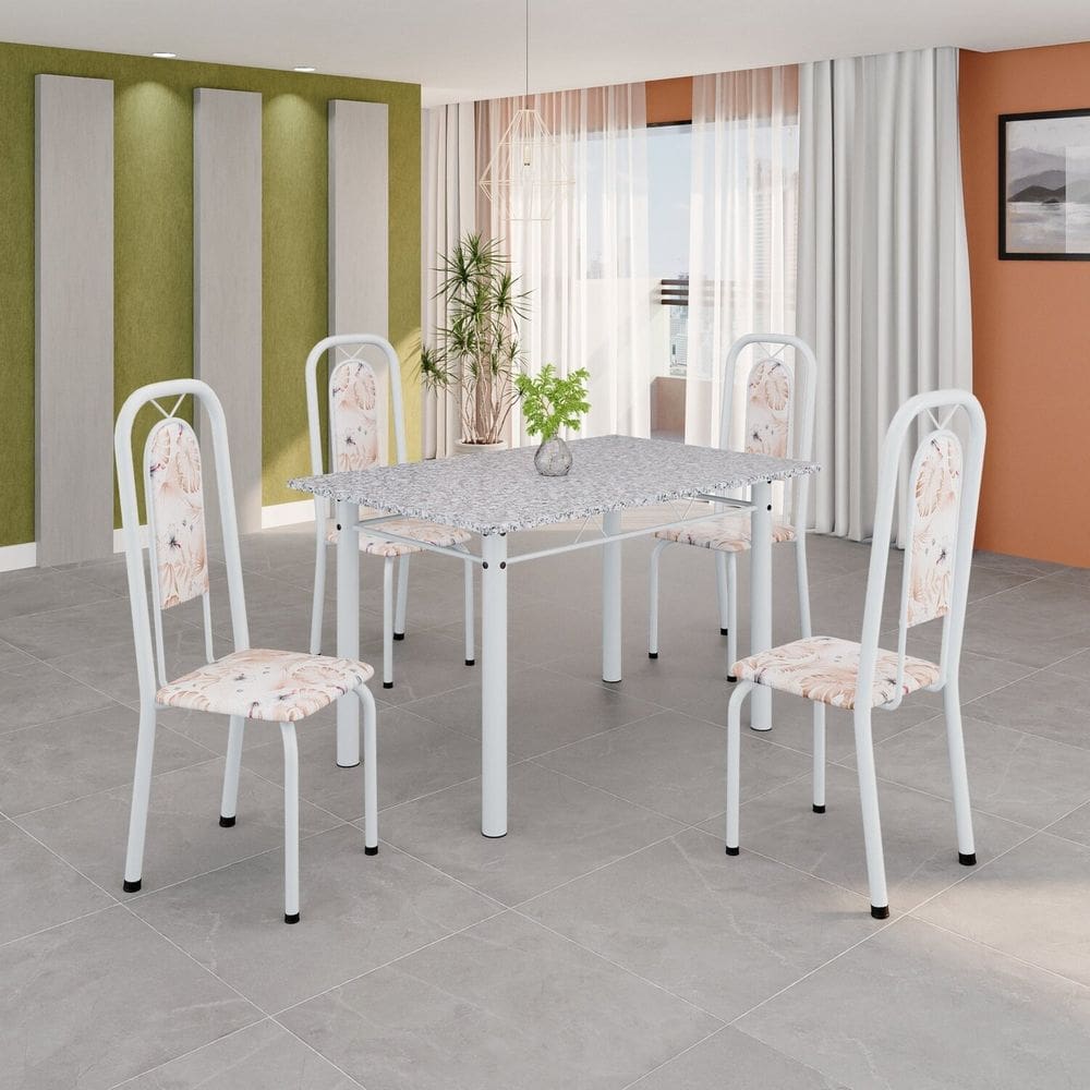 Conjunto de Mesa Tubular 120cm X 75cm Tampo Granito Ocre com 4 Cadeiras Lara Botanic Bege/ Branco