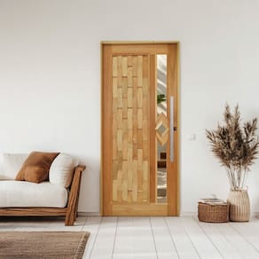 Porta Couro em Pé Losango Batente 14 Puxador Barra Chata 60 CM 102 X 210 Esquerdo Rodam Natural