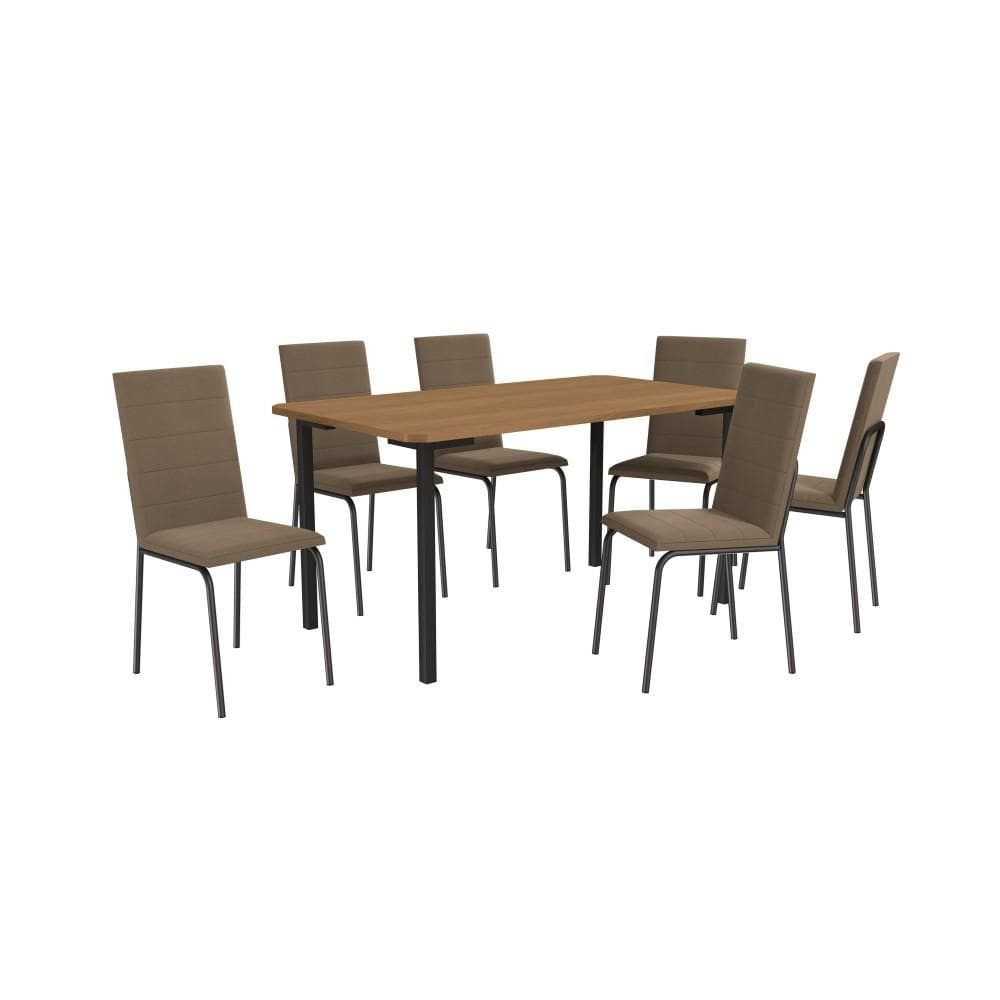 Conjunto Sala de Jantar 6 Cadeiras Mesa Tampo de Madeira Kappesberg Crome Corino Cappuccino/Preto