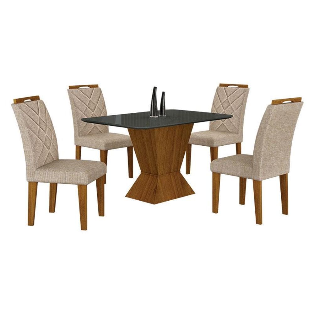 Mesa de Jantar Larissa 120x80 Freijó Chumbo com 4 Cadeiras MDF Freijó Linho Palha - Leifer Móveis