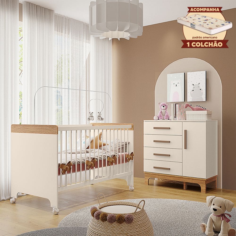 Kit Quarto Infantil Cômoda e Berço Doçura com Colchão Off-white/savana