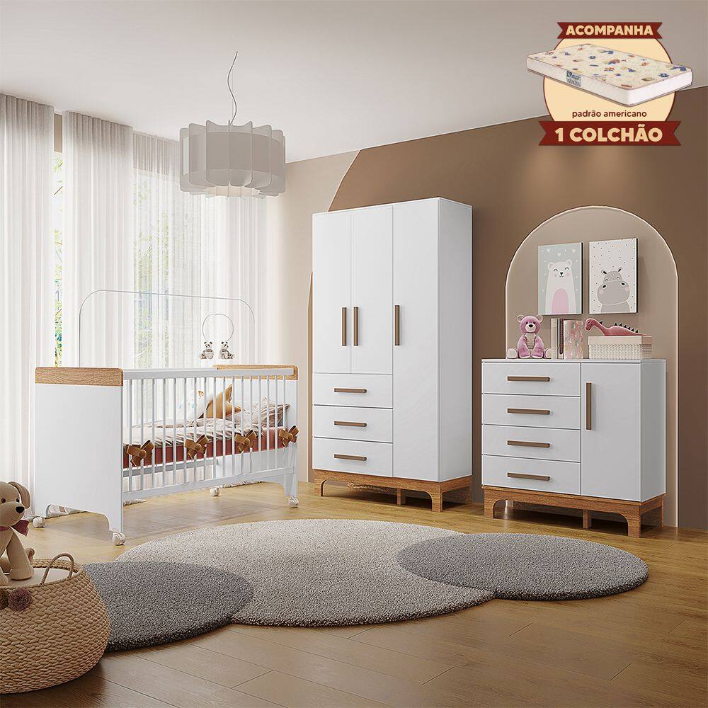 Kit Quarto Infantil Completo Guarda-roupas Cômoda e Berço Doçura com Colchão Branco/savana