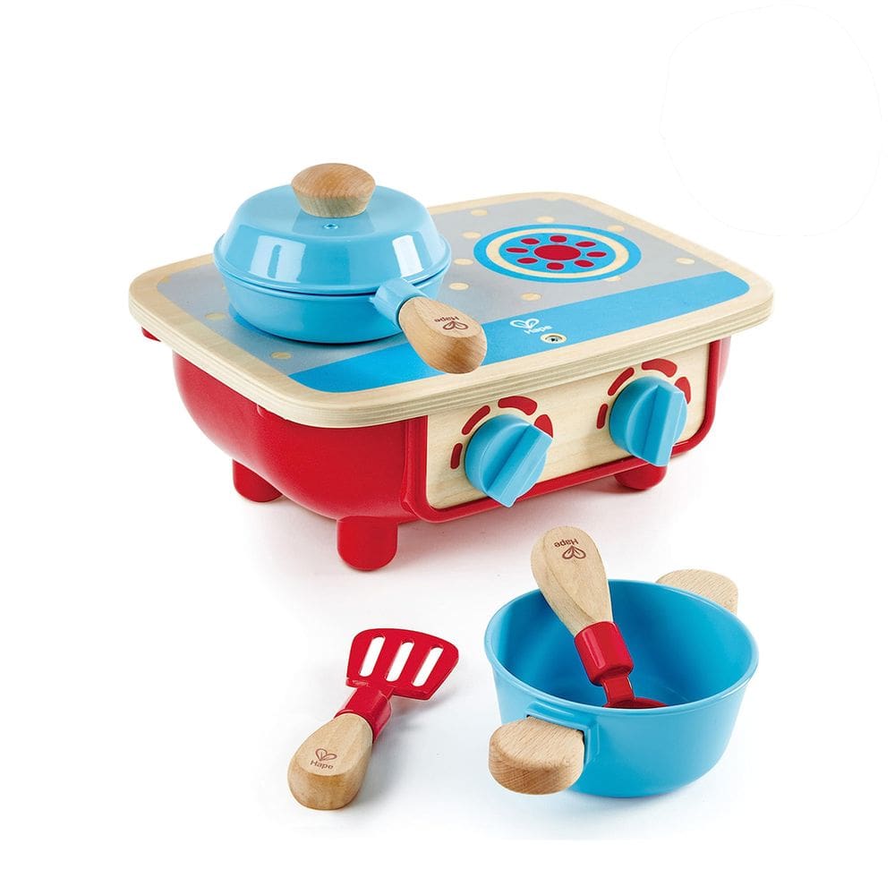 Conjunto de cozinha Hape Toddler Wooden de 6 peças com fogão e panela de brinquedo
