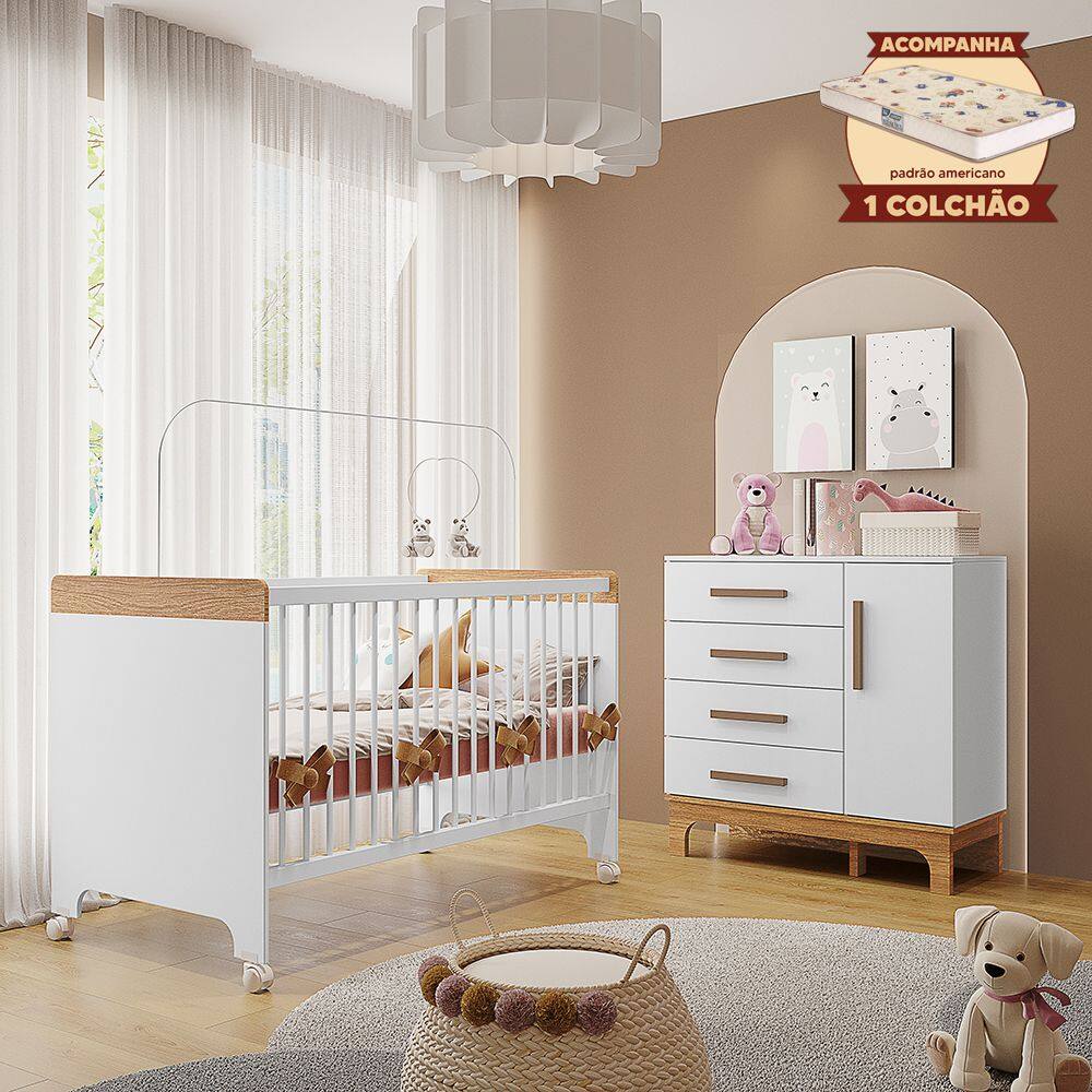 Kit Quarto Infantil Cômoda e Berço Doçura com Colchão Branco/savana