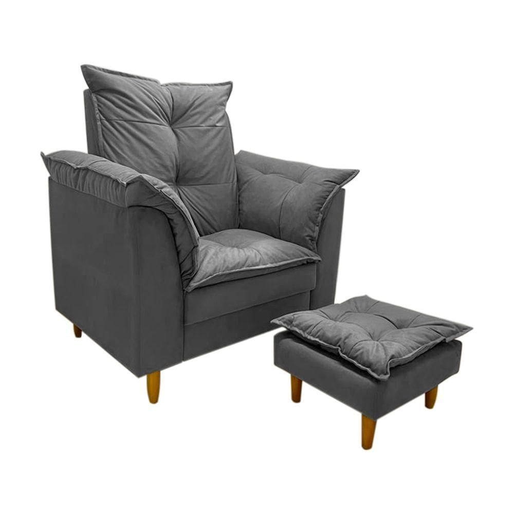 Poltrona De Amamentação + Puff Maite Pés De Madeira Dritex suede Cinza