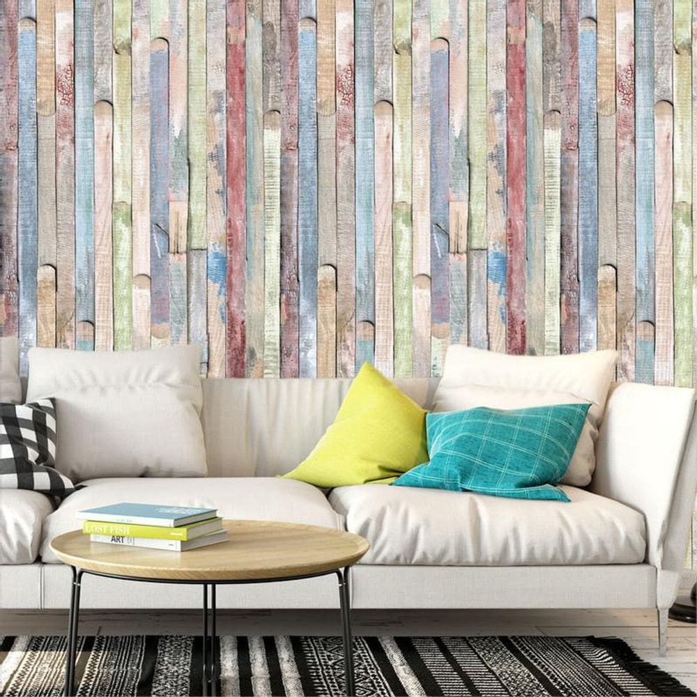 Papel De Parede Madeira Tábuas Coloridas Adesivo Sala Quarto