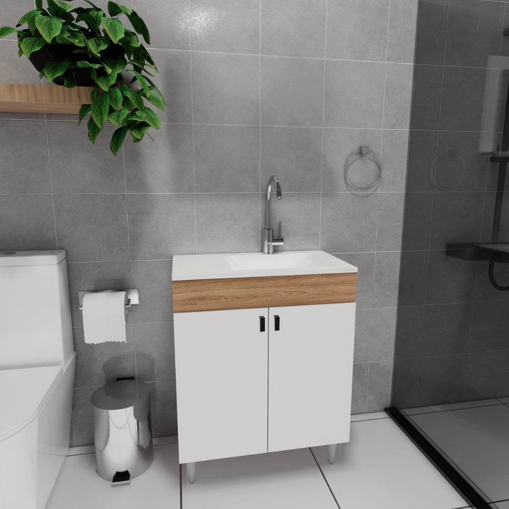 Conjunto Gabinete para Banheiro Sevilha Lvt com Pés Marrom/Branco