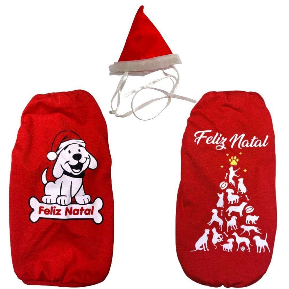 Kit 2 Camisetas E 1 Gorrinho De Natal Para Cães E Gatos Egg