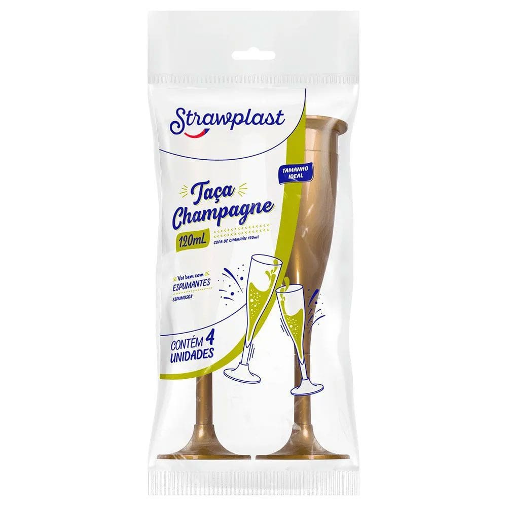 Taça Champagne 120ml Dourada c/4 - Strawplast