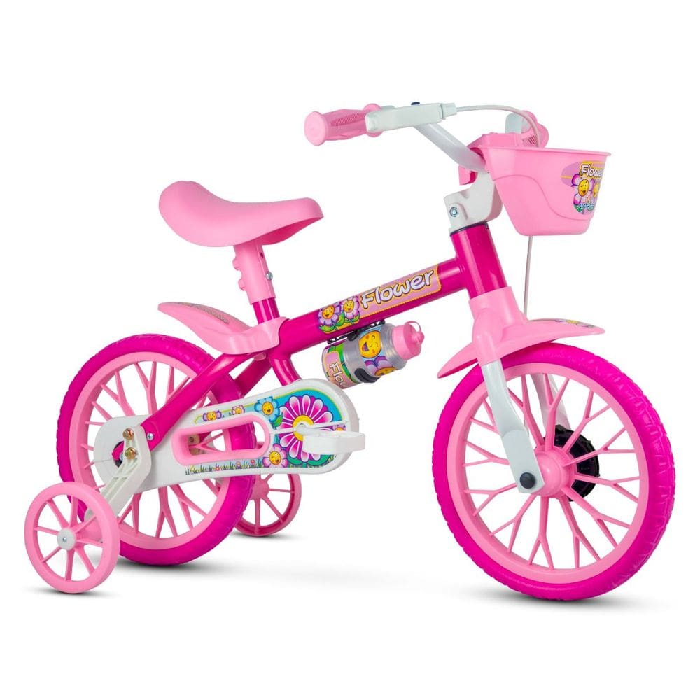 Bicicleta Infantil Aro 12 Nathor Flower Rosa com Rodas de Treinamento